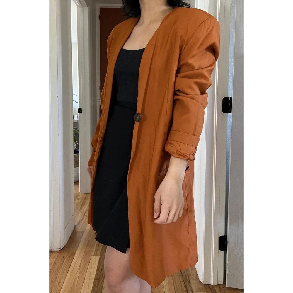 Vintage 90s orange long Rayon blazer oversized classic minimalist large office - Picture 11 of 15